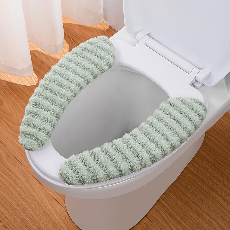 Wuyue Hua 2Pairs Plush Warm Thick Padded Toilet Seat Cover Mat Non Slip Soft Toilet Seat Cushion Washable Bathroom Warmer (GREEN+Beige) - Image 2