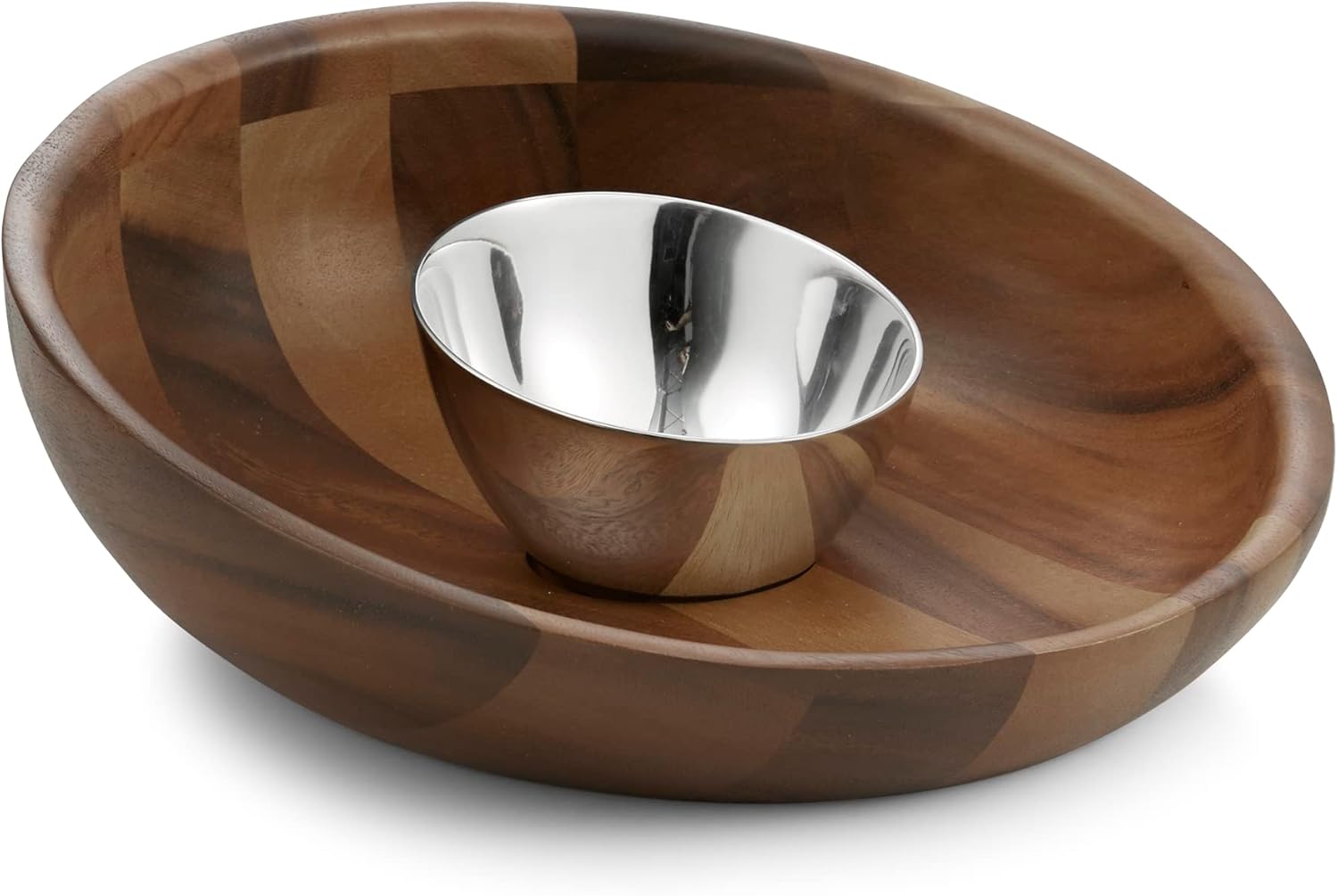 Nambe Luna Chip and Dip Server Acacia Wood Appetizer