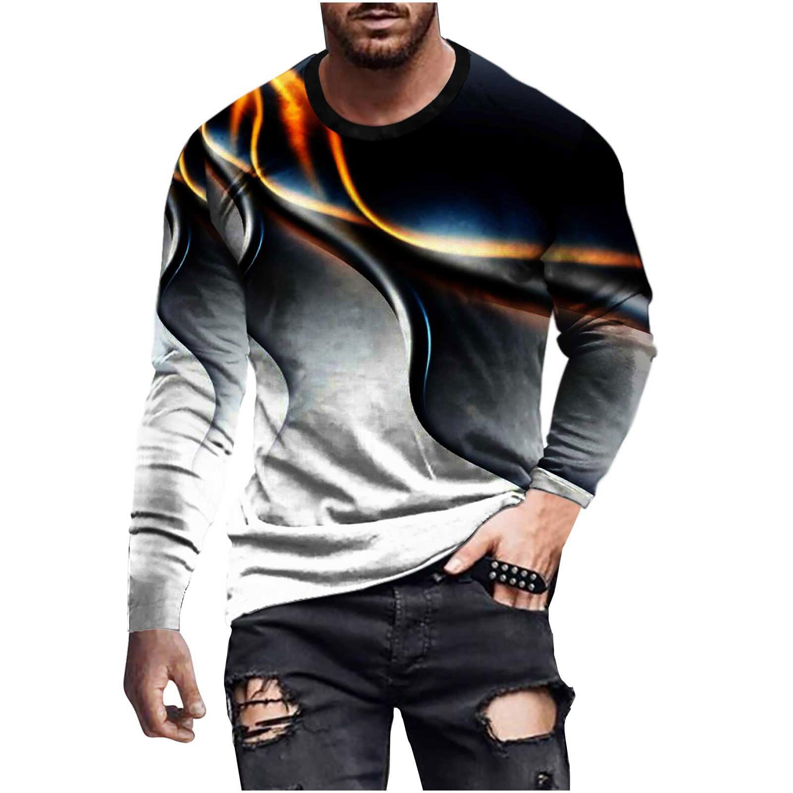 3D Print T-Shirt for Men Long Sleeve Fashion Tops Slim-Fit Crew Neck Casual Fall Pullover Workout Tee Shirts