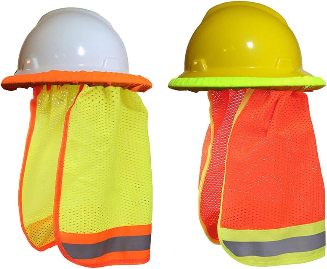 EXBOM 2 Pack Summer Sun Shade Hard Hat Mesh Neck Shield with Safety High Visibility Reflective Stripe, Yellow, Orange（Hard Hat NOT Included）