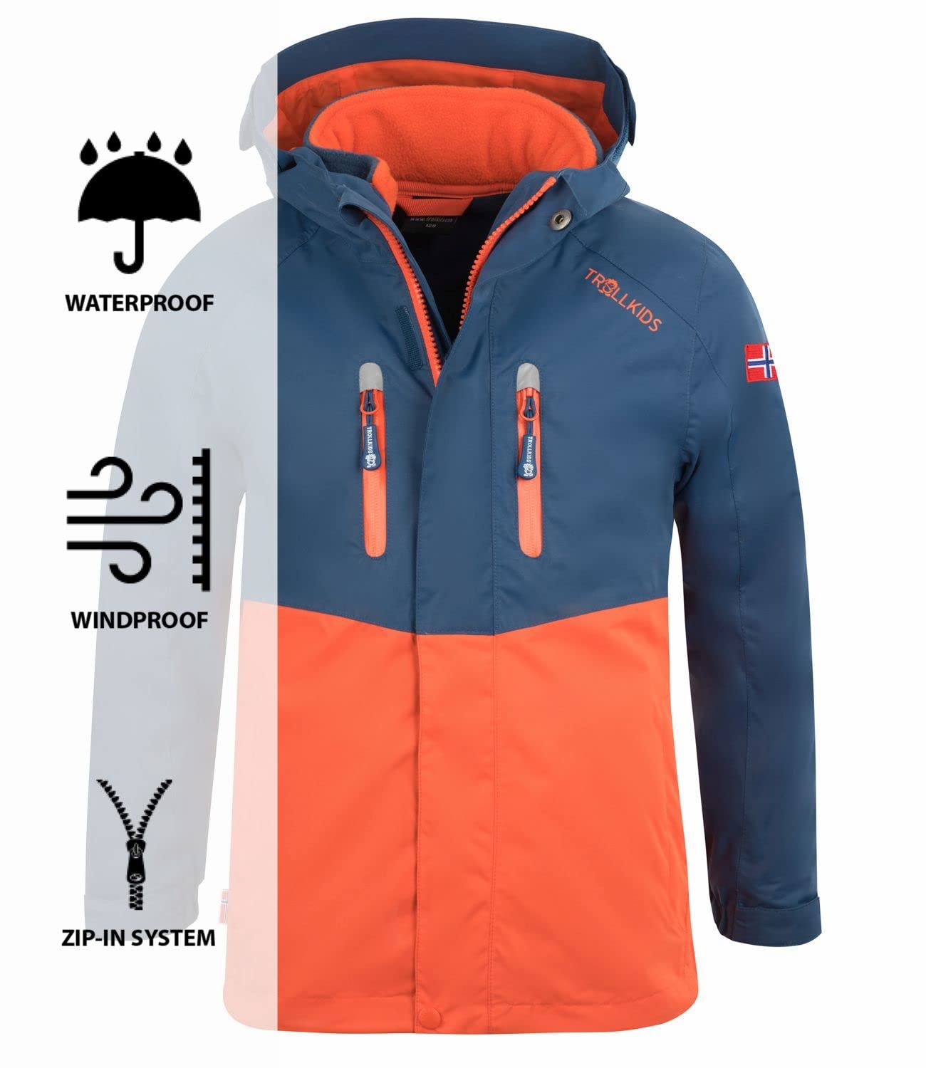Trollkids Kinder Bryggen wasserdichte winddichte 3in1 Jacke, Mystik Blau/Orange, Größe 152
