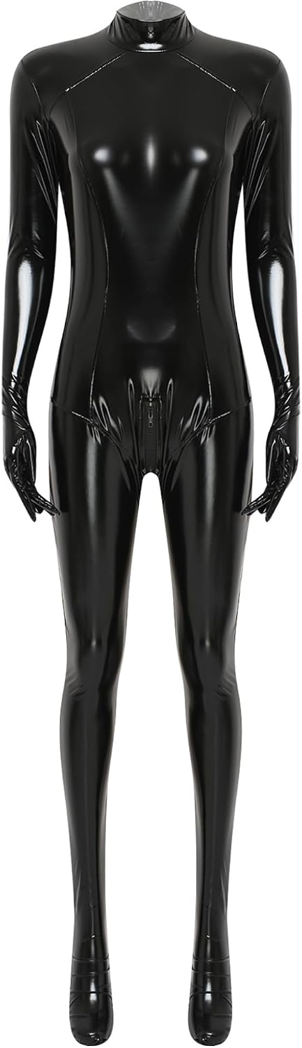 Womens Shiny Metallic Faux Leather Full Bodysuit Costume Faux Leather Jumpsuits
