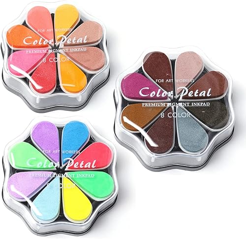 Almohadillas de tinta para dedos de 24 colores, almohadillas de sello de tinta lavables para manualidades, sellos de goma en forma de pétalo, socio