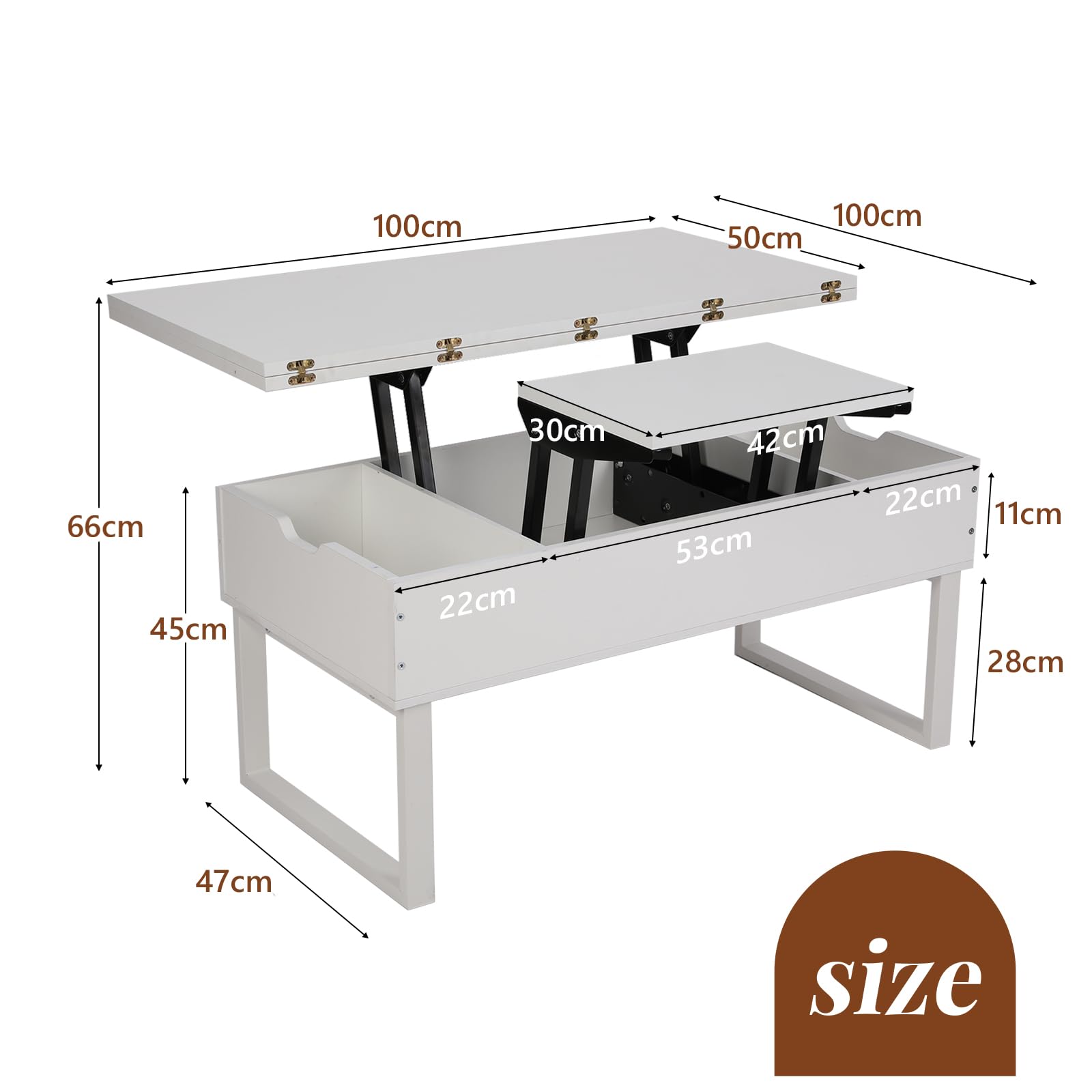 VOWNER Mesa de Centro Elevable, 3 en 1 Mesa de Salón Multifuncional con Almacenamiento Oculto, Mesa de Comedor Moderna Elevadora (Blanco)