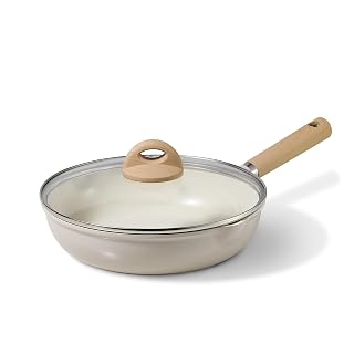 CAROTE 10" Ceramic Frying Pan with Lid, Non Stick Frying Pan Skillet Chef's Pan, Healthy & PFOA/PFAS Free, Induction-Compatible, Taupe - Amazon product rated Grade A