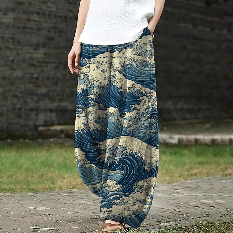 Bengbobar Boho Pants for Women Summer Plus Size Pants Japanese Art Print Casual Pants Elastic Waist Lantern Trouser2