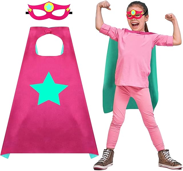 (RED MASK) Superhero Cape & Mask Fancy Dress Up Boys Costume Set For Kids 3-10 Years Roleplay Hero (Double Sided Pink & Sky Blue Cape With Star)
