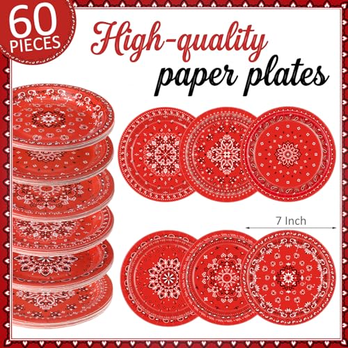 Image of Funnymoom 60 Pcs 7 Inch Red Bandana Western Paper Plates Western Party Decorations Paisley Cowboy Cowgirl Farm Disposable Plate for Dessert Cake, Bandana Floral Rodeo Wild West Birthday Party Supplies