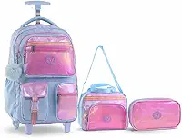 Kit Mochila Menina Infantil de Rodinha com Lancheira e Estojo Grande Escolar Ideal para Passeios Viagens Furta Cor Holografico