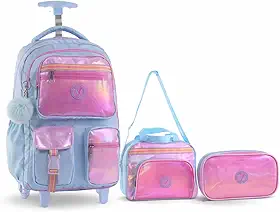 Kit Mochila Menina Infantil de Rodinha com Lancheira e Estojo Grande Escolar Ideal para Passeios Viagens Furta Cor Holografico