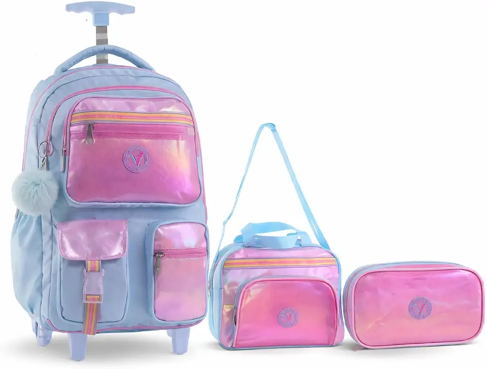 Kit Mochila Menina Infantil de Rodinha com Lancheira e Estojo Grande Escolar Ideal para Passeios Viagens Furta Cor Holografico