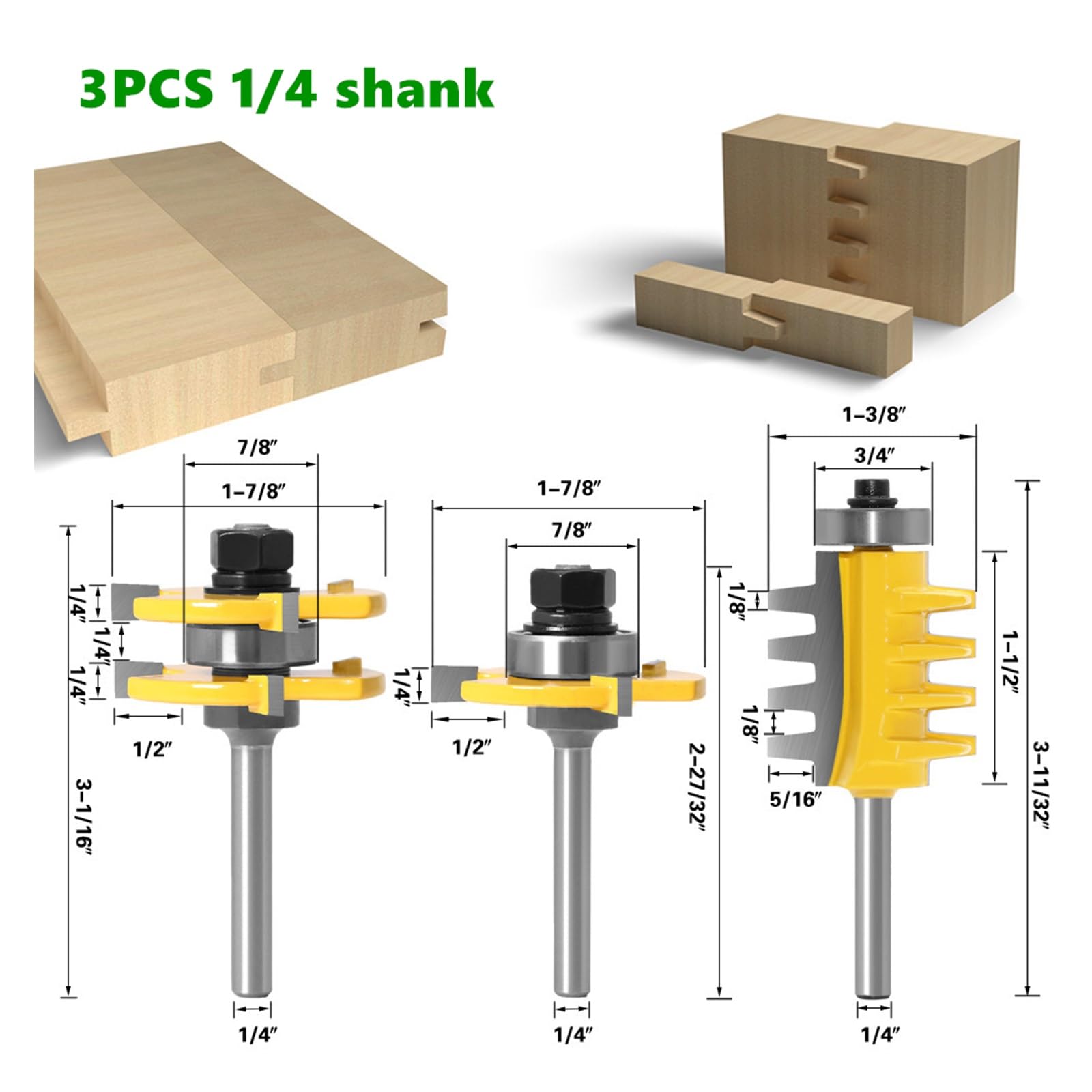 3 pz 6mm 1/4 di pollice gambo linguetta scanalatura T-scanalatura fresa giunto assemblare punte del router for legno lavorazione del legno utensili da taglio(3PCS 6.35mm shank)