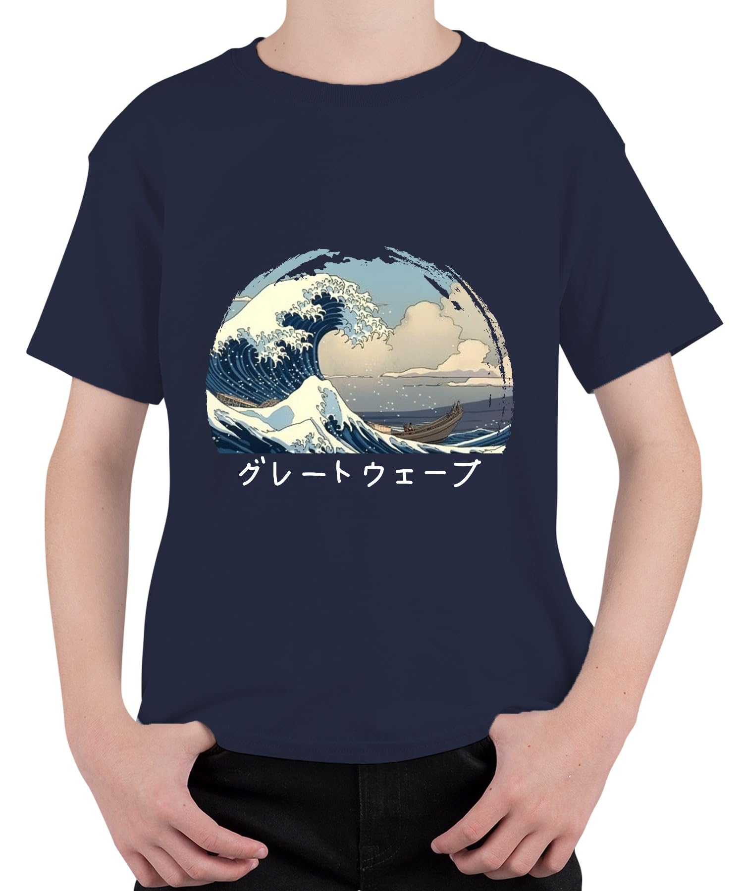 Hokusai Wave Japanese Ukiyoe Sea Boat Anime Manga Unisex Children's T-Shirt, navy, 116