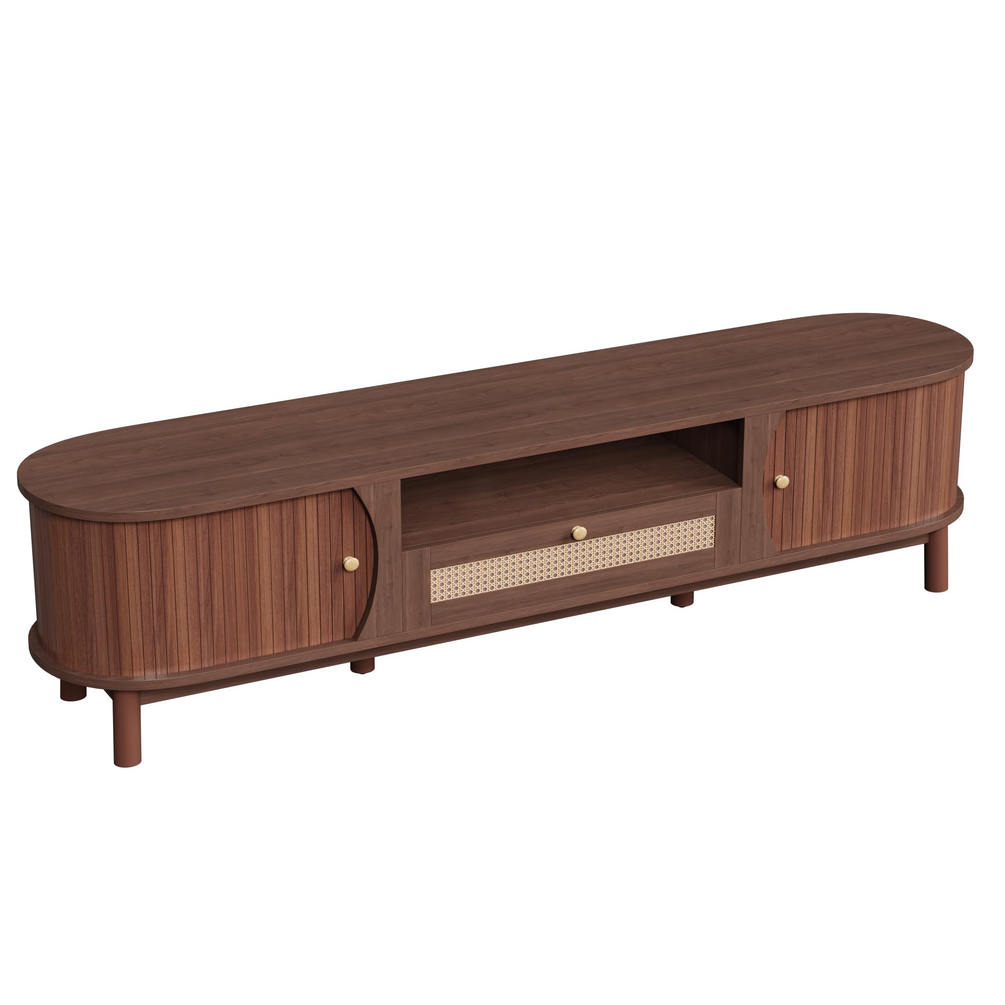 Merax TV-Schrank Rattan 165x37x46 cm, Landhausstil, Massivholztüren & handgeflochtene Schubladen, offener & geschlossener Stauraum, Robustes Wohnzimmermöbel, dunkle Holzfarbe