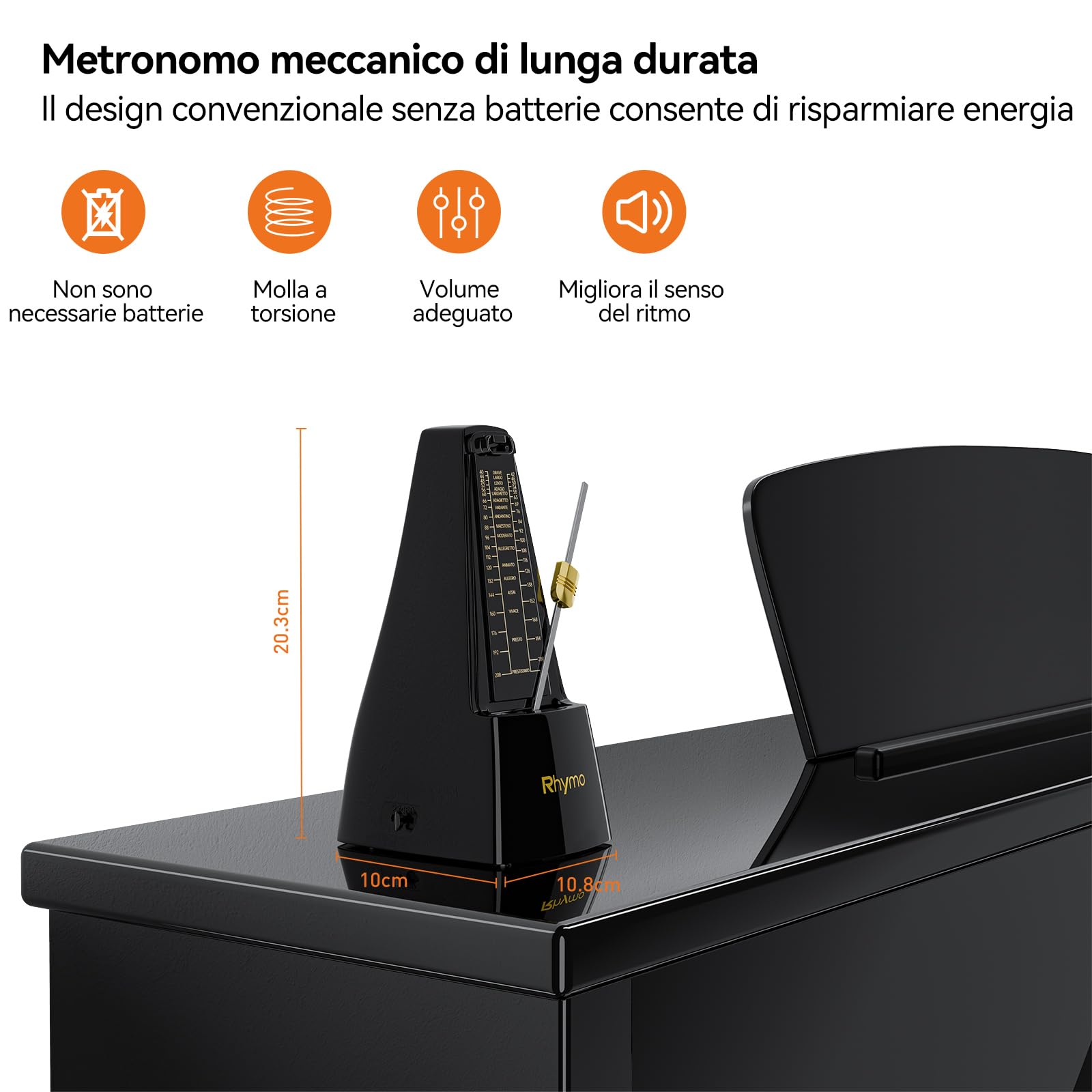 Rhymo Metronomo Meccanico a Movimento in Metallo - 40-208 BPM, 4 Ritmi Accurati (2/4, 3/4, 4/4, 6/8) - per Pianoforte, Chitarra, Ukulele e Violino, (Nero)