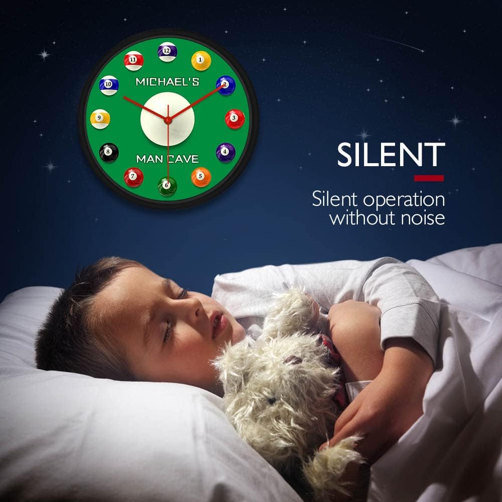12 Inch Billiard Balls Metal Frame Wall Clock, Modern Silent Quartz Non Ticking Battery Operated Snooker Game Analog Round Wall Clock Watch for Bedroom Man Cave Game Room Playroom Club Bar