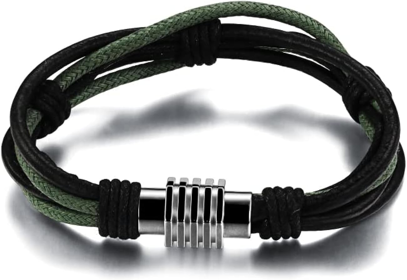 COOLBABYMen's Leather Bracelet. Braided Genuine Leather with a Stainless SteeL