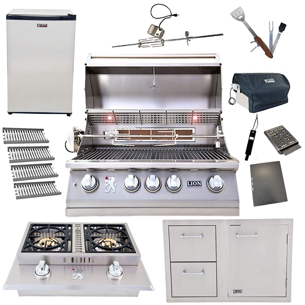 Lion 32-Inch Natural Gas Grill with 4 Ceramic Tubes w/ Flame Tray and Door and Drawer Combo and Double Side Burner and Refrigerator and 5 in 1 BBQ Tool Set Best of Backyard