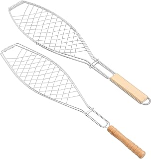PAMINGONO Cesta para Parrilla para Barbacoa al Aire Rejilla de Malla Pinza para Pescado Juego de Mango de Madera