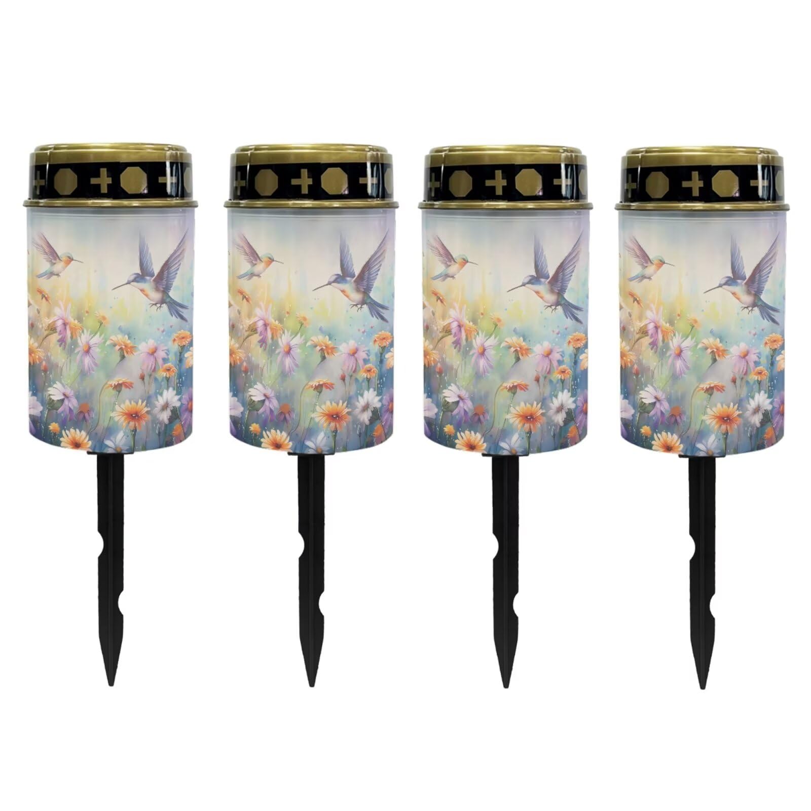 Poceacles Flameless Candle Solar Powered Grave Outdoor Solar Lights Cemetery Candle Lights Fake LED Pillar Candles Outdoor Waterproof Decorative, Hummingbird Daisy Purple, Pack of 4