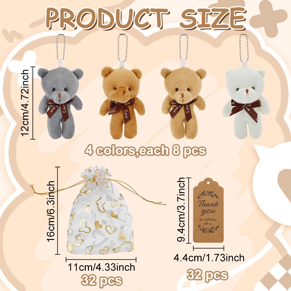 FREEBLOSS 32 lot de Mini Oursons en Peluche pour Baby Shower Cadeaux pour la Première Baby Shower avec Sachets en Organza et Étiquettes de Remerciement 4 couleurs