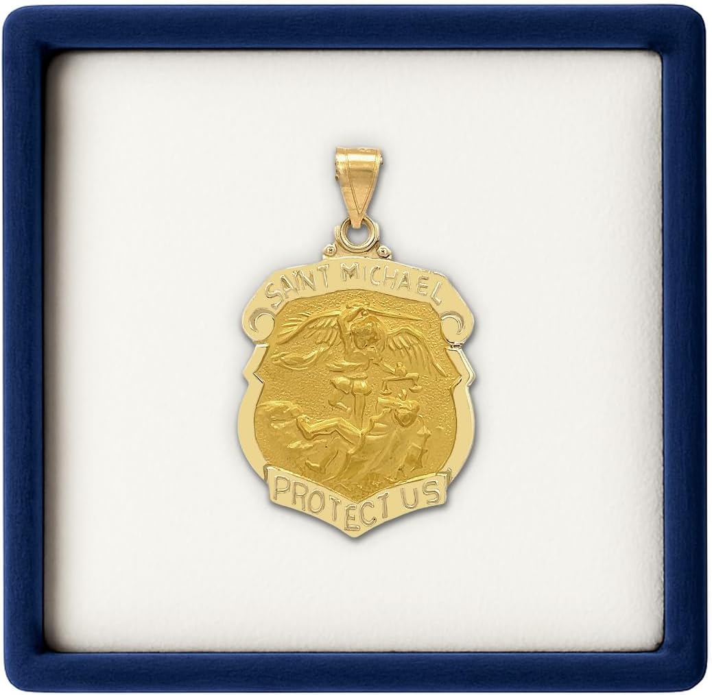 Cross+Crown Premium 14K Yellow Gold Saint Michael Pendant, Durable Double-Bonded 14K Pendant for Necklace, Women & Mens Gold St Benedict Badge Medal with Premium Jewelry Box, Handcrafted Religious Jewelry in the USA