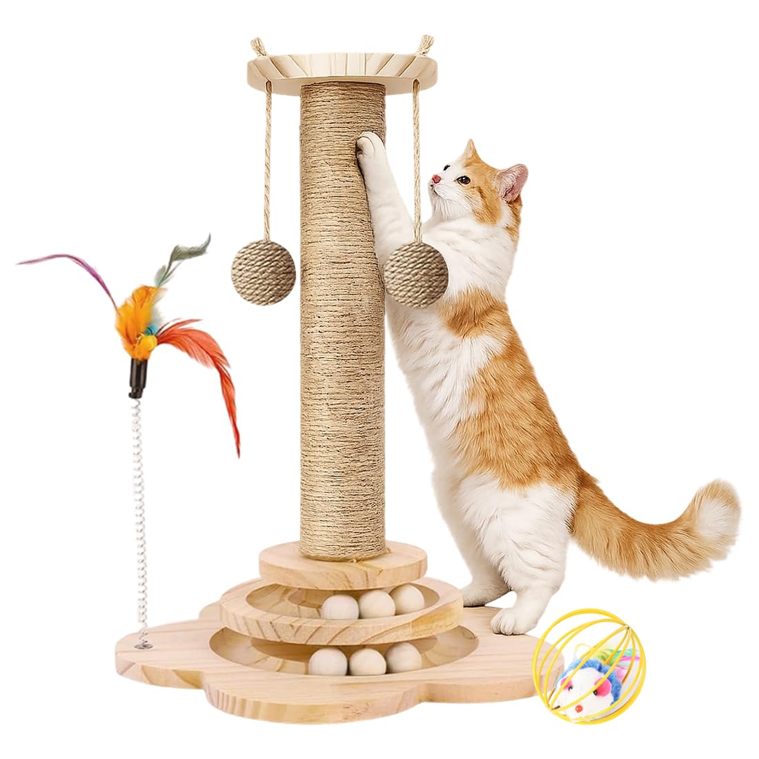 Arbre à chat en sisal naturel et bois massif, griffoir et jeu interactif de 46 cm