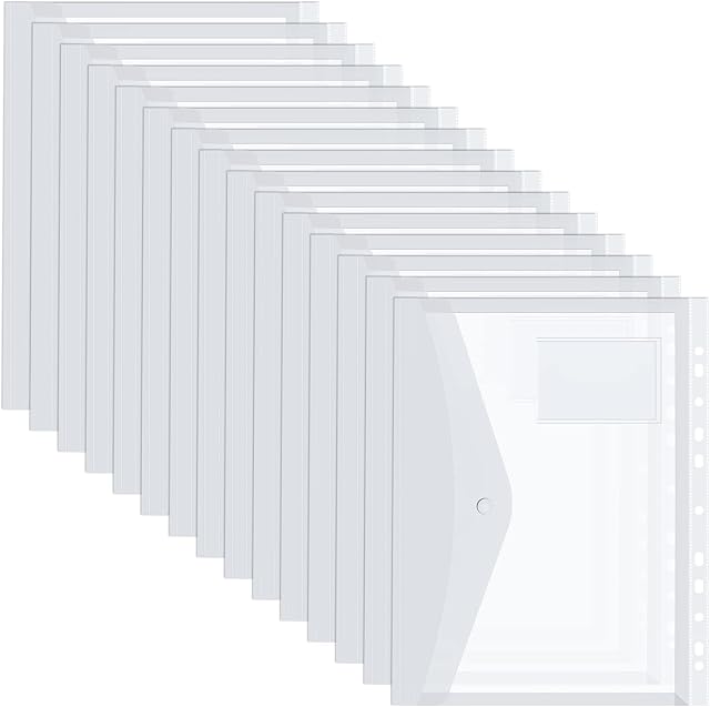 Heltrappe 15 Pack Expandable Plastic Wallets Clear Folder, Document Files A4 Punched Pockets with Hook and Snap Button for Home, Office, School and Travel