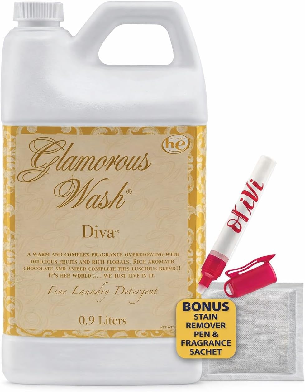 Tyler DIVA Glamorous Wash Laundry Detergent- 64oz - With Olivi Stain Remover Pen - Fresh Scented Sachet - Laundry Detergent - For Washing Clothes, Linen, Lingerie, Expensive Fabric, Sheets