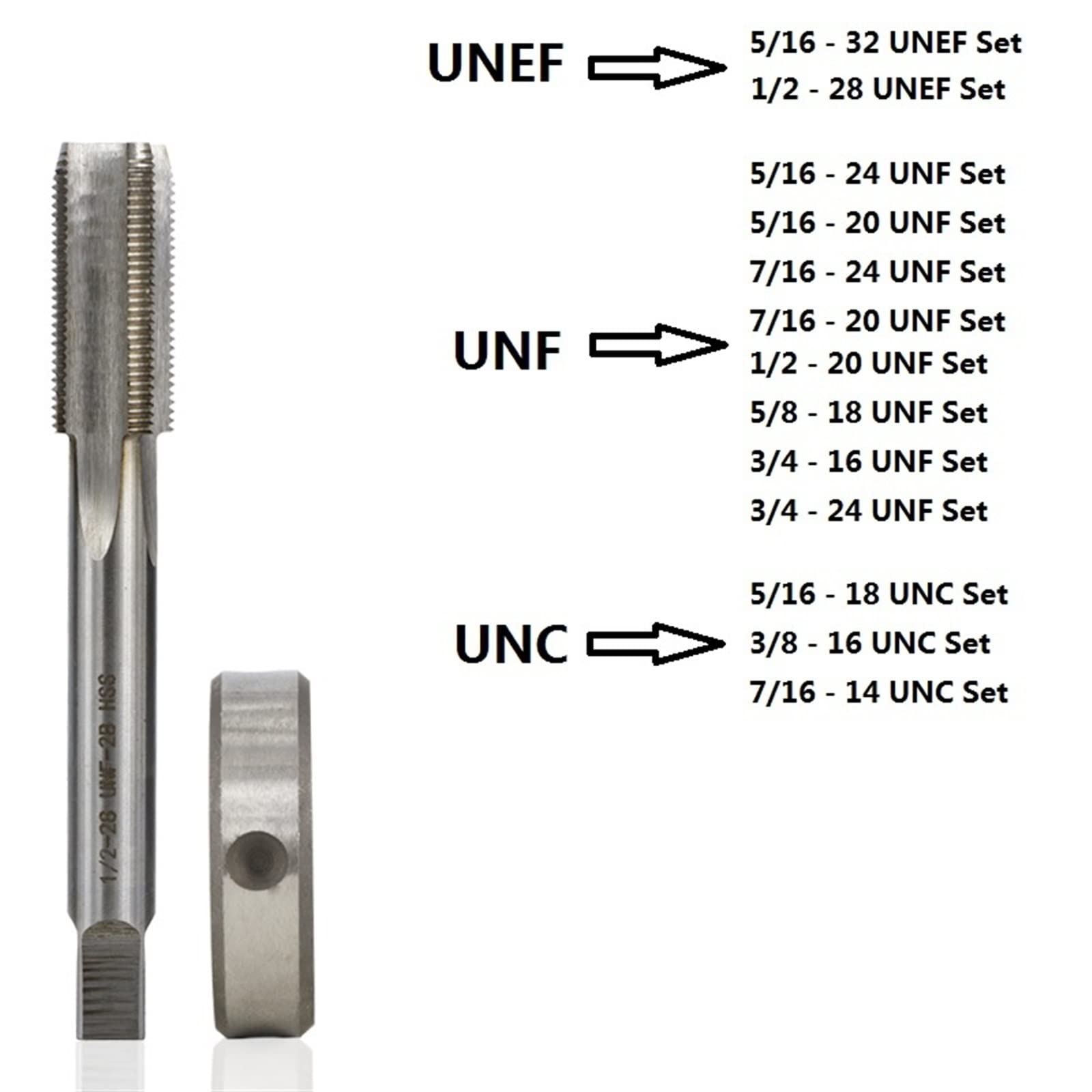 Set di 2 Maschi e filiere per Filettatura UNEF UNF UNC, Set di Utensili per maschiatura in Acciaio rapido, Trapano per maschiatura a Vite MINGPING (Dimensioni: Un 9I16-20 Set da 2 Pezzi)