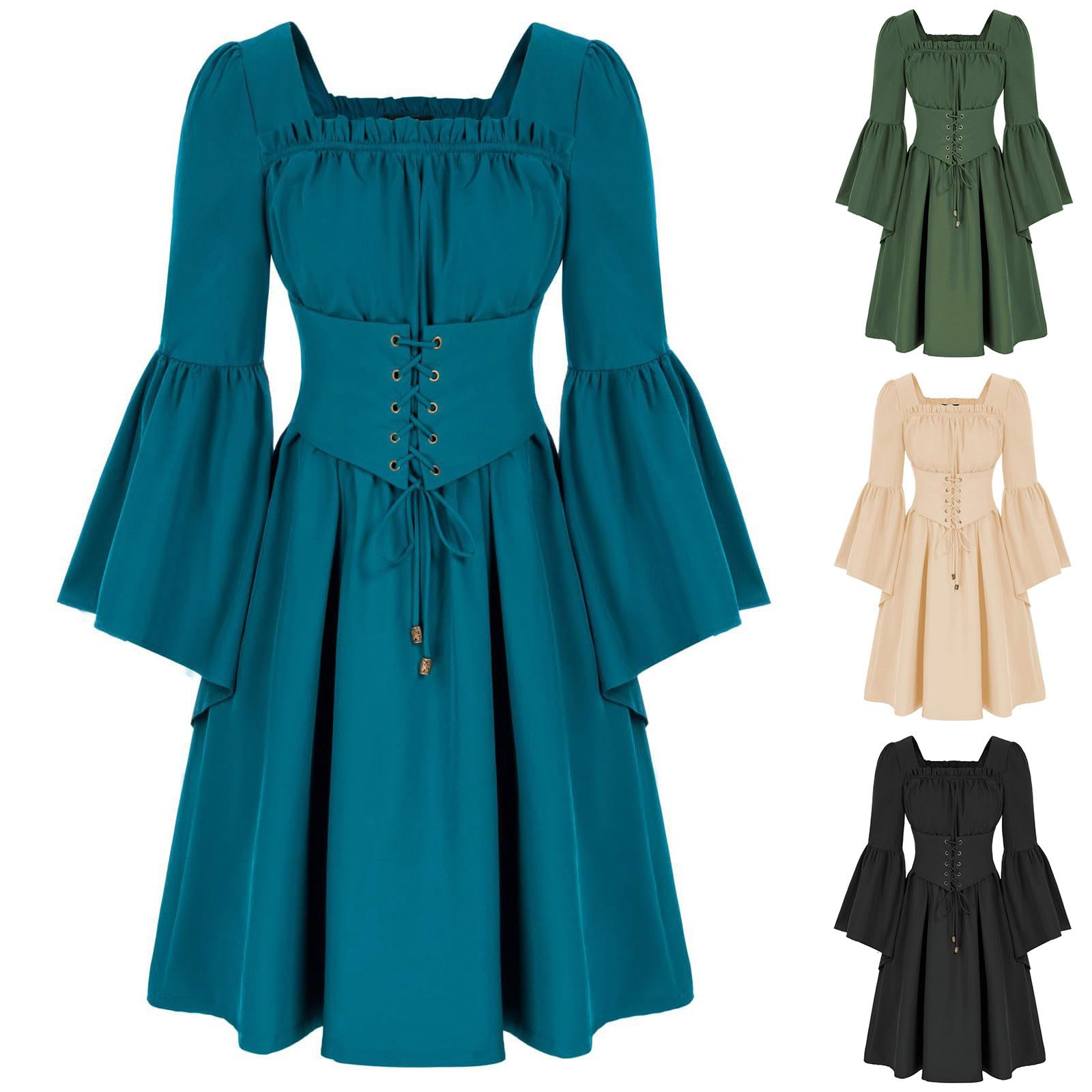 AEGJEGVD 2025 Robe Gothique Médiévale Femme Robes Moyen Age Renaissance Dress Rétro à Manches Flares Costume Bustier Epaules Dénudées Robe de Bal Punk Carnaval Cosplay deguisement Hallowee Pas Cher