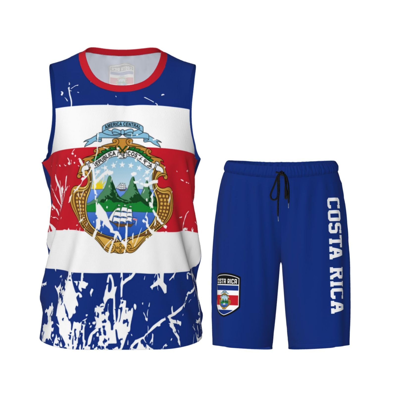 Costa Rica Flag Grain (1) Basketball Jersey Uniform Suit for Men Adults Training Athletic Set