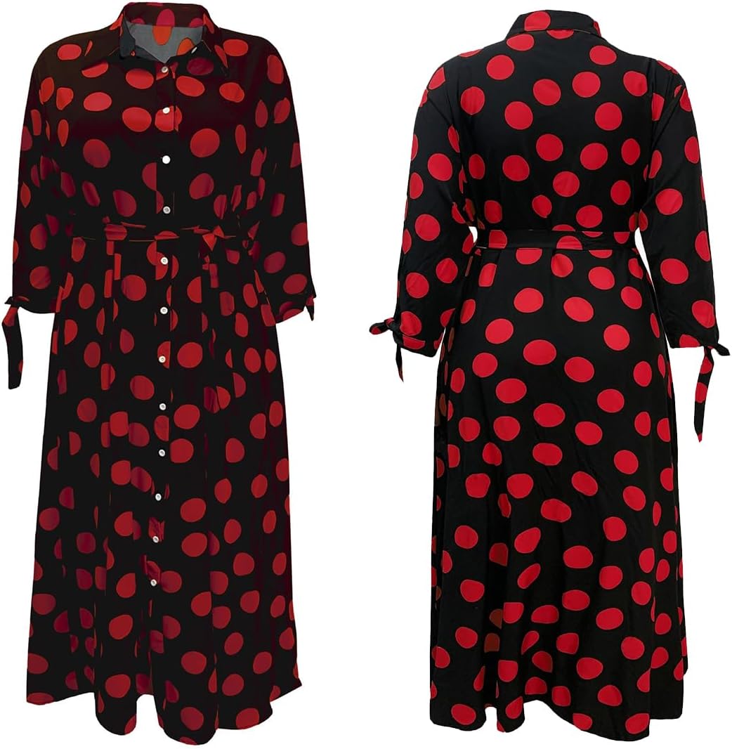 Seltaon Womens Fall Plus Size Maxi Dresses Casual Long Sleeve Polka Dot Flowy Swing Shirt Long Dress with Pockets - Image 3