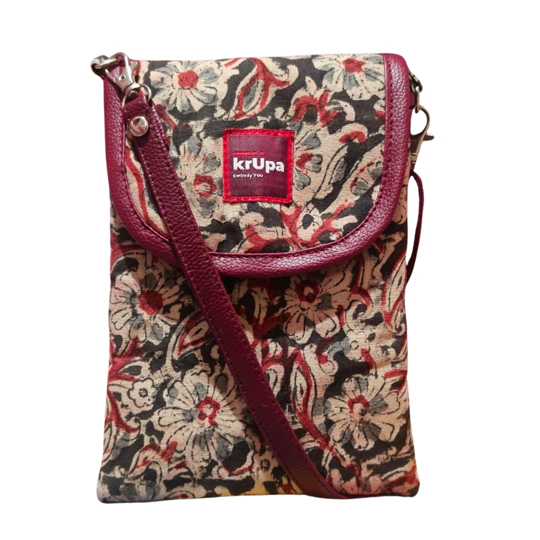 krUpa kalamkari Sling bag Mobile Phone Holder Floral Print, Adjustable Strap for Women & Girls | 100% Cotton, Water-Resistant, Eco-Friendly perfect for every day use-image-3