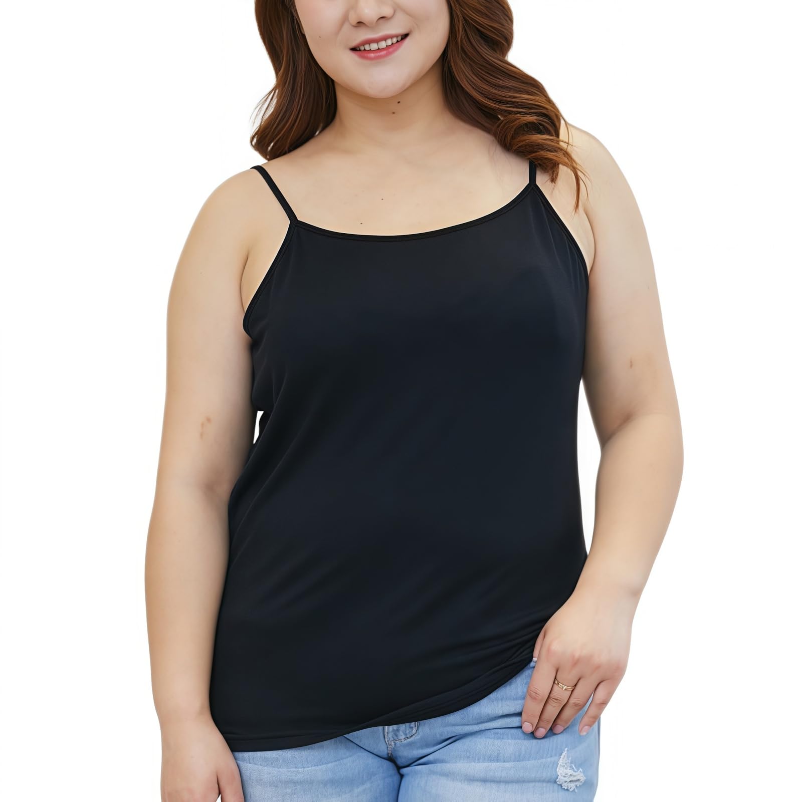 SamHeng Plus Size Vest Top for Women, Classic Solid Color High Stretch Modal Camisole Thin Breathable Spaghetti Strap Tank Top Basic Casual Undershirt Oversized Sleeveless Summer Tops, Black 2XL