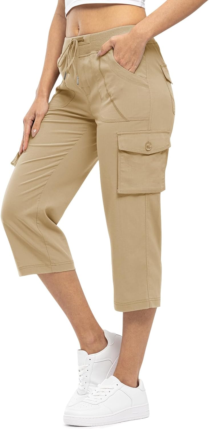 Rdruko Women's Capris Pants Lightweight Quick Dry Summer Outdoor Casual Travel Pants with Pockets,Khaki, US 3XL