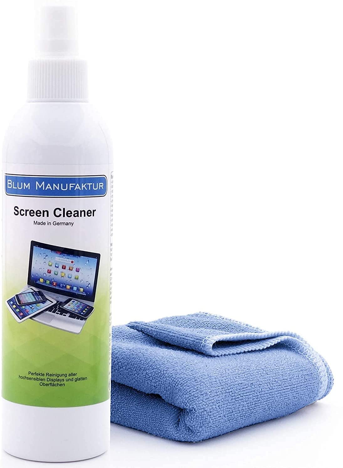 Blum Manufaktur Screen Cleaner 250 ml - limpiador de pantallas - limpiador de PC - incl. paño de microfibra 30 x 30 cm - limpiador de monitores - Made in Germany