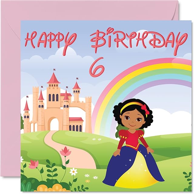 6th Birthday Card Girl - Princess Castle - Happy Birthday Card 6 Year Old Girl, Girls Six Sixth Birthday Cards for Her, 145mm x 145mm Greeting Card for Daughter Niece Granddaughter Kid Children