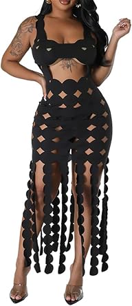 Recious Womens Sexy Sleeveless Solid Color Cut Out Hollow Tassel Dress Beach Dress Vacation DressBlack,L