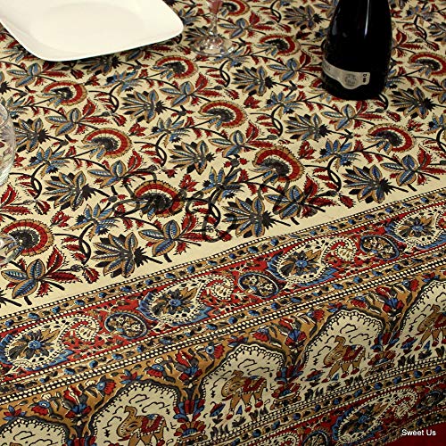 Sweet Us Block Print Tablecloth For Rectangle Tables 70X102 Beige Gold Red Blue Black Floral Paisley Elephant Cotton Kitchen, Dining Linen #TOP2