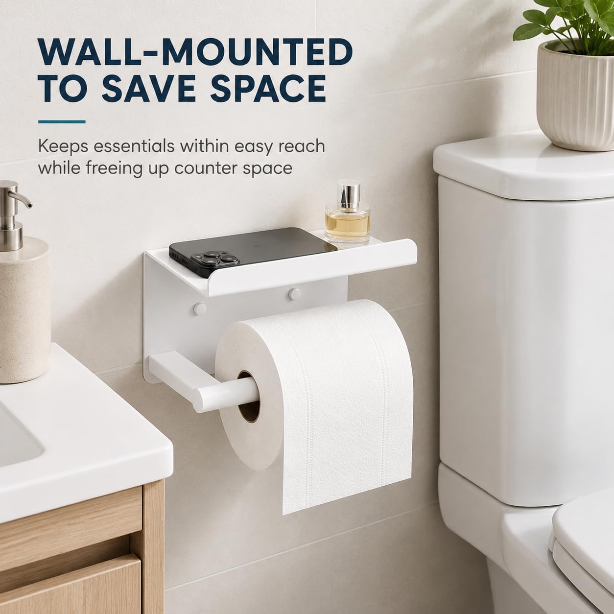Adhesive Toilet Paper Holder with Shelf, Stainless Steel, White image 2
