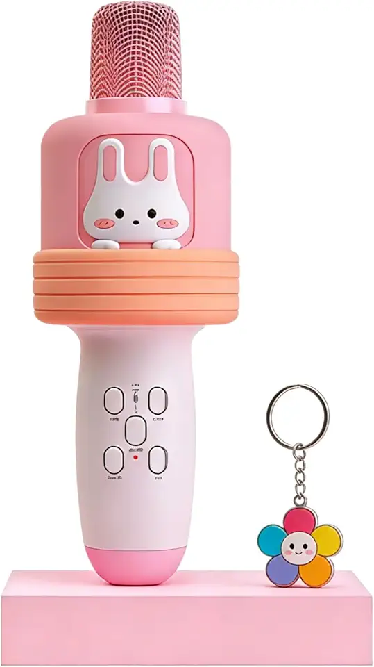 Microfone de karaokê para crianças – Microfones Bluetooth + presente, 2 chaveiros de desenho animado, luzes LED, efeito Echo, alto-falante integrado, leitor de karaokê portátil para festas e presentes