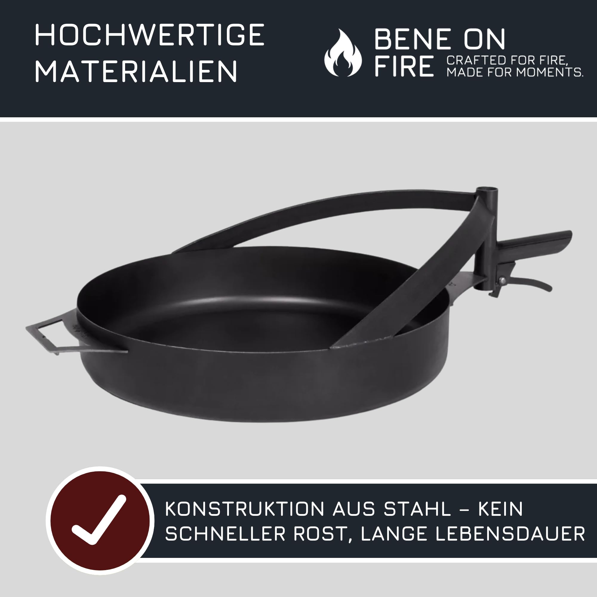 BENE ON FIRE Feuerschalen Grillpfanne Ø 50 cm mit Griff | Stahlpfanne schwarz 6,2 kg hitzebeständig stabil | zum Braten Rösten über offenem Feuer | Zubehör Feuerschalen Arizona Washington
