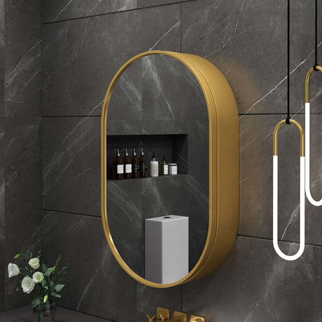 Bathroom Mirror Cabinet, Wall-Mounted Storage Cabinet, Solid Wood Oval Bathroom Mirror Cabinet, Bathroom Vanity Mirror,Gold-50 * 80cm