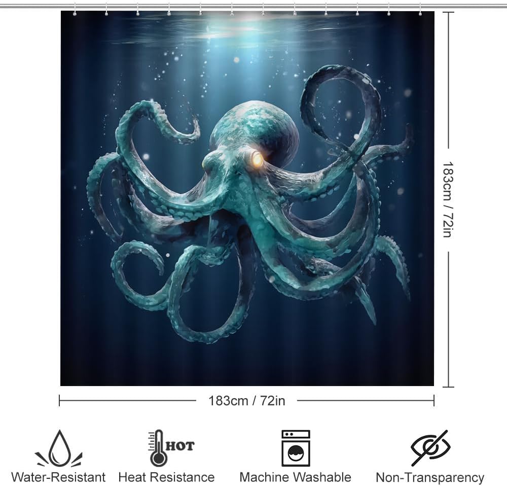 Deep Sea Octopus Waterproof Shower Curtain Set (72x72 Inch) with Non-Slip Bath Rugs, 4 Piece Underwater Animal Tentacles Bathroom Set Includes U-Shaped Mat & Toilet Seat Cover