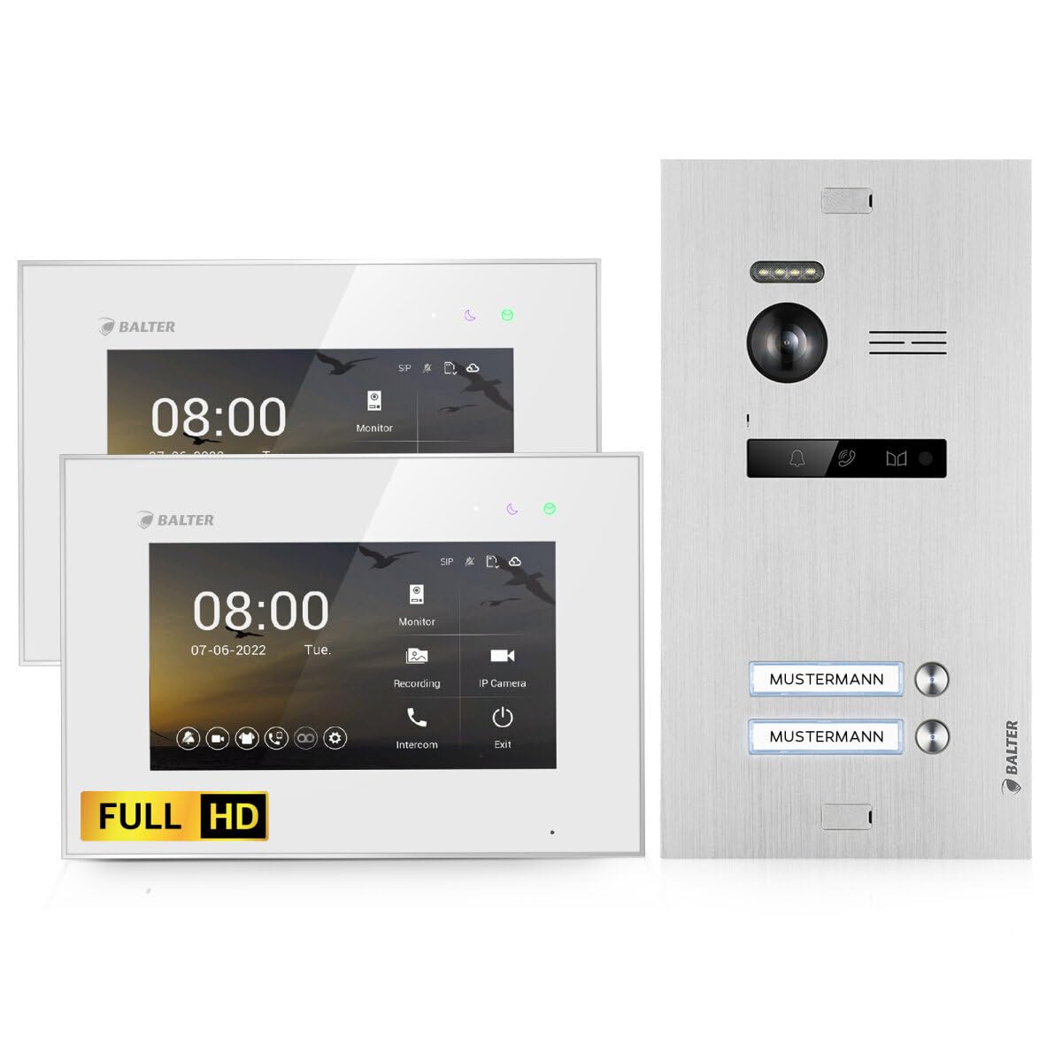 BALTER EVO HD Video Türsprechanlage Silver für 2 Familienhaus Kit, 2x Monitor 7"