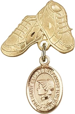 14kt Yellow Gold Baby Badge with St. Elizabeth Ann Seton Charm and Baby Boots Pin 1 X 5/8 inches