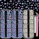 kikonoke 3400pcs Half Round Flatback Pearls Beads and K9 Glass Clear AB Crystals Nail Rhinestones wi