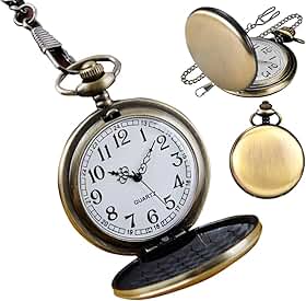 Relógio de Bolso Vintage com Corrente, Estilo Antigo, Acabamento Bronze Liso, Quartz