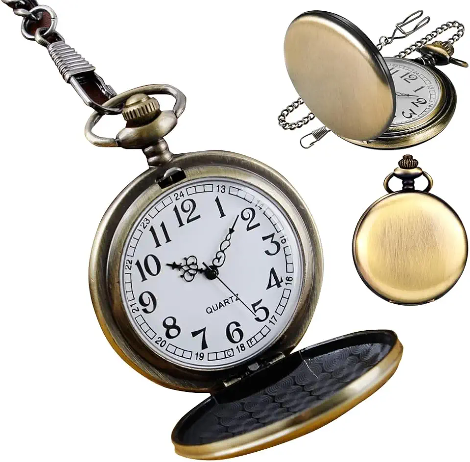 Relógio de Bolso Vintage com Corrente, Estilo Antigo, Acabamento Bronze Liso, Quartz